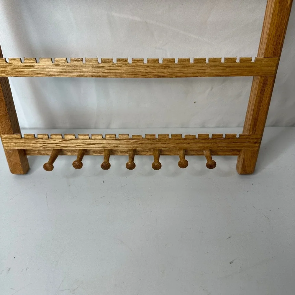 Vintage Oak Wood Wall Mount Jewelry Organizer Rack Earrings Holder